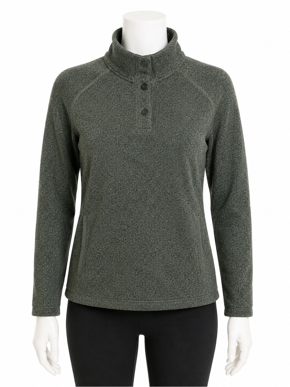 Eddie Bauer Women’s Pullover Large Green Mock Neck Button Fleece Outdoor Sweater